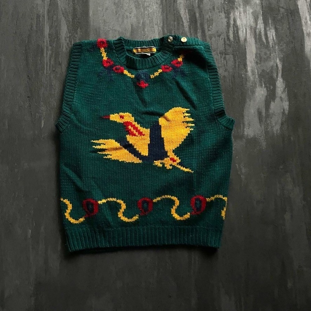 Vintage Bird Intarsia Knit Sweater Vest Womens Medium Green 1990s Bryn Connelly